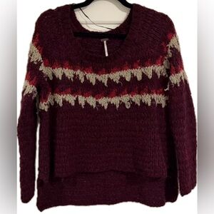 Free People Women's Fair Isle Crew Neck Oversized Pullover Berry Combo Size L